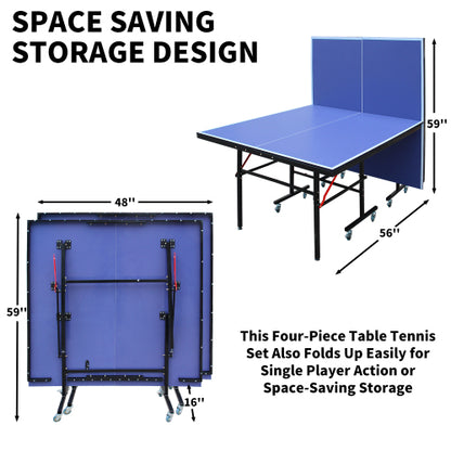 8ft Mid-Size Table Tennis Table Foldable & Portable Ping Pong Table Set For Indoor Games With Net, 2 Table Tennis Paddles And 3 Balls