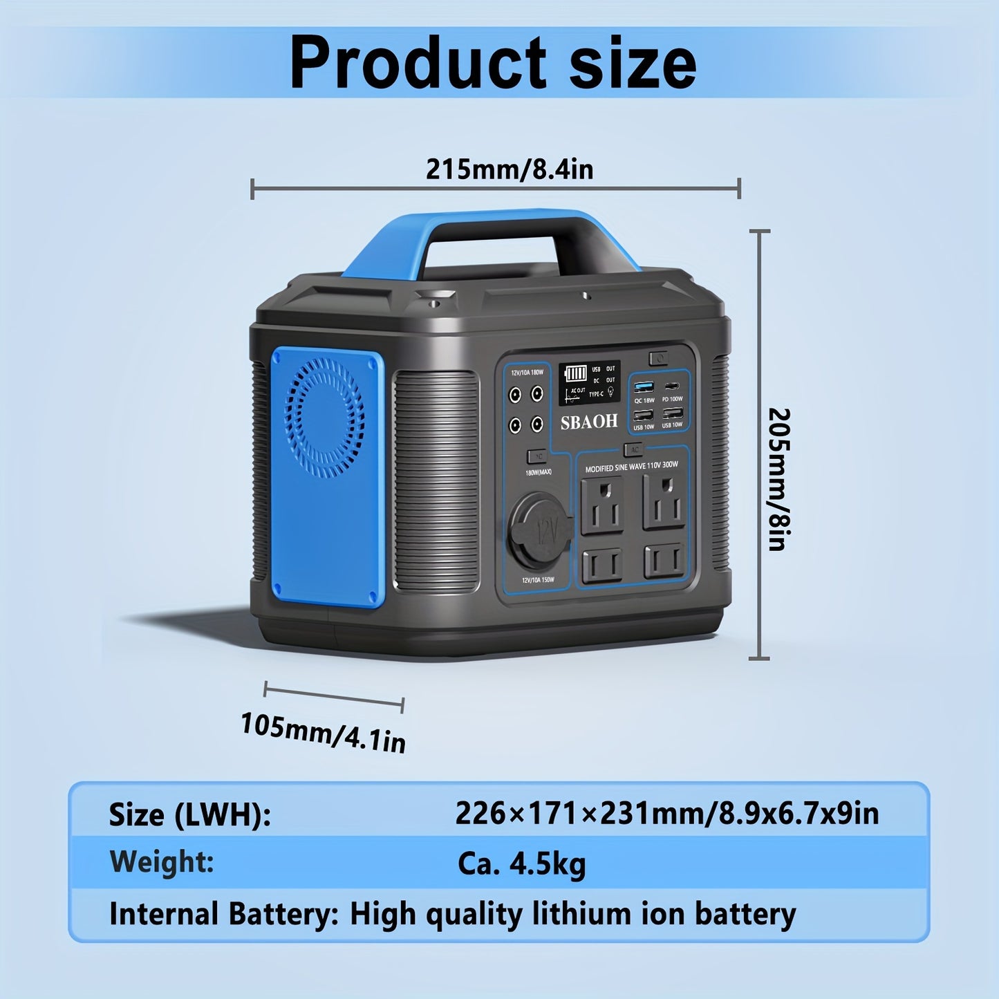 Portable Power Station, 300W 296Wh Solar Generator Quick Charge/ 110V AC Outlets/DC Ports And LED Flashlight, Lithium Battery Backup For Home Outdoor Travel Camping Blackout Blue