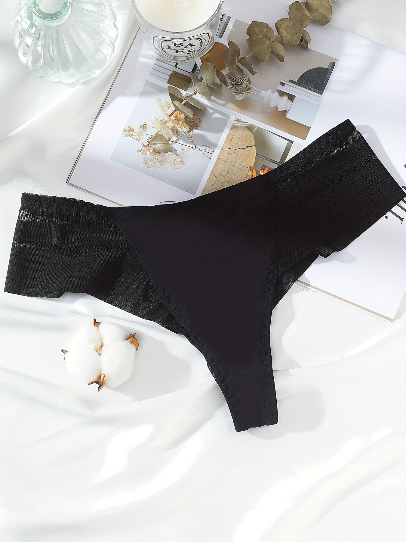 5pcs Seamless Mesh Thongs, Comfy Stretchy Contrast Intimates Panties, Women's Lingerie & Underwear