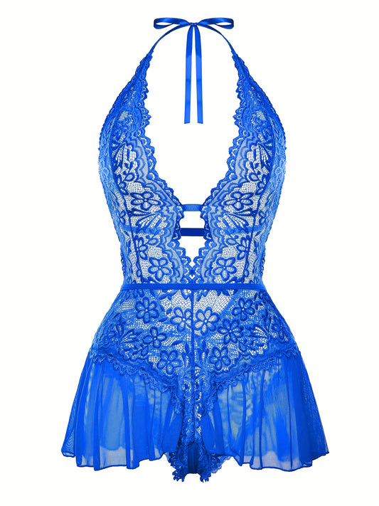 Sultry Floral Lace Teddy Bodysuit - Teddies with Halter Strappy Backless Open Crotch Design, Sexy Women's Lingerie & Underwear for Romantic Nights Out