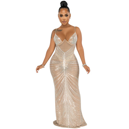 Fashion Sexy Beaded Strapless Sheer Mesh Long Dress