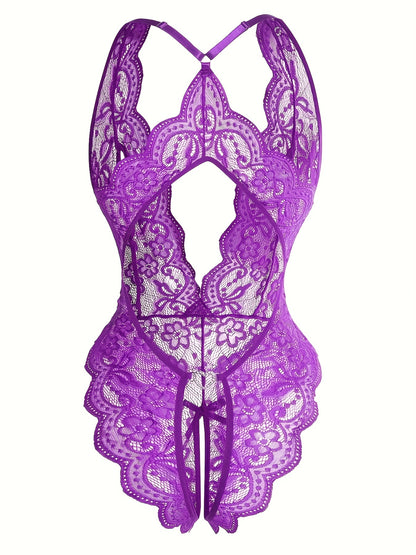Sultry Floral Lace Bodysuit - High-Elasticity, Semi-Sheer, Scallop Trim, Backless, Open Crotch, Hand Wash Only, Sexy Womens Lingerie & Underwear for Adults - Knit Fabric, Bodystocking Stocking