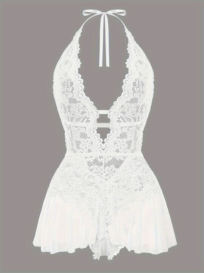 Sultry Floral Lace Teddy Bodysuit - Teddies with Halter Strappy Backless Open Crotch Design, Sexy Women's Lingerie & Underwear for Romantic Nights Out