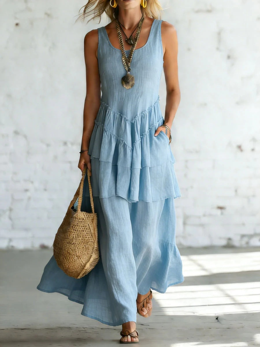 Cotton-linen Loose-fit Maxi Dress With A Sleeveless Design