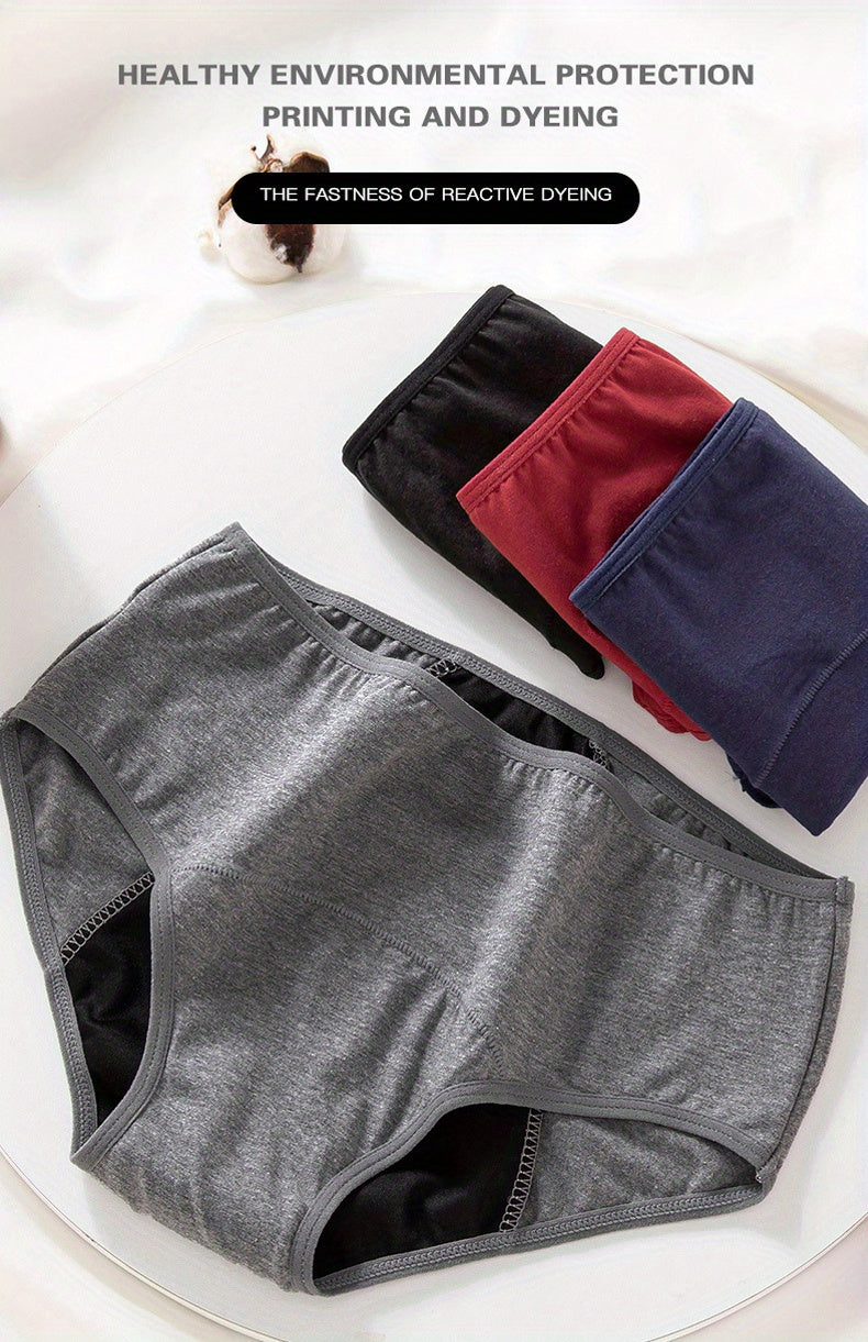 10 Pcs Comfy High Support Mid Rise Period Panties - Breathable Cotton Lingerie with Polyester Lining for Comfortable Wear - Full Coverage, Simple Solid Color Design, Anti-Leak Protection