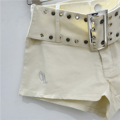 Women's Rose Embellished Rivet Belt Hot Pants