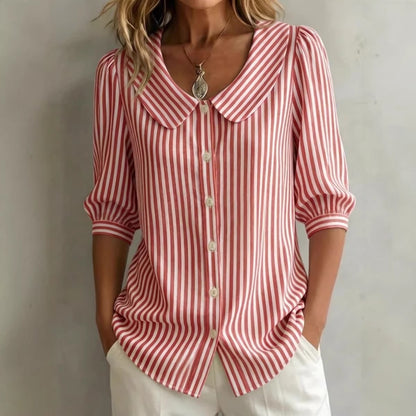 Mid-sleeve Striped V-neck Shirt Top T-shirt Womens Clothing