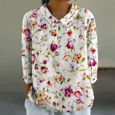European And American Style Long-Sleeve Chinese-Style Bamboo-Stripe Linen Lapel Printed Fashionable All-Match Shirt