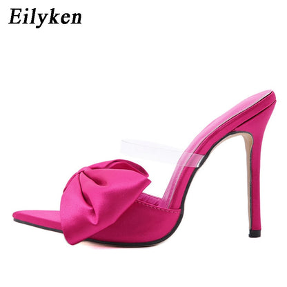 New Fashion Bowknot Women's Slippers Pointed Toe Thin High Heels Summer Elegant Dress Party Ladies Slides Pumps Shoes