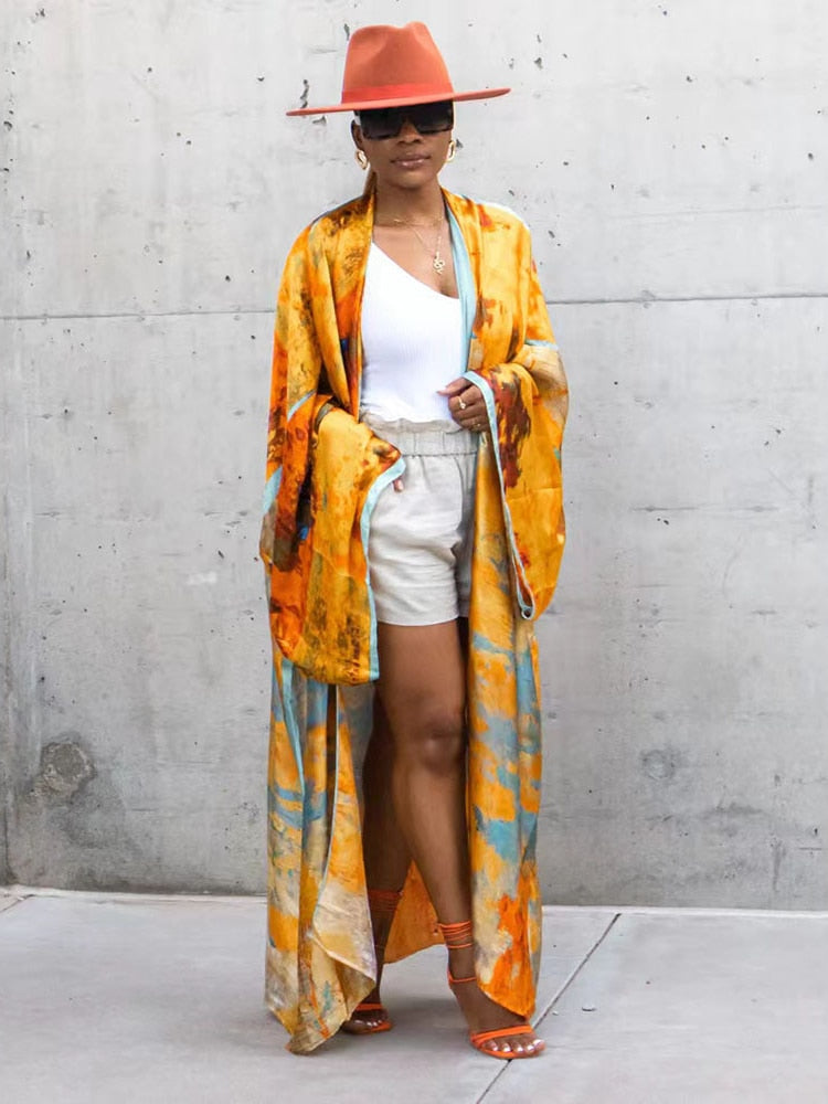 Gold Bohemian Printed Long Kimono Wrap Dress Bikini Cover-ups Summer Clothes Women Beach Wear Swim Suit Cover Up