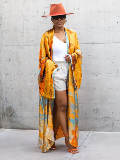 Gold Bohemian Printed Long Kimono Wrap Dress Bikini Cover-ups Summer Clothes Women Beach Wear Swim Suit Cover Up