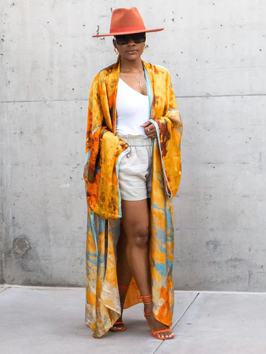 Gold Bohemian Printed Long Kimono Wrap Dress Bikini Cover-ups Summer Clothes Women Beach Wear Swim Suit Cover Up