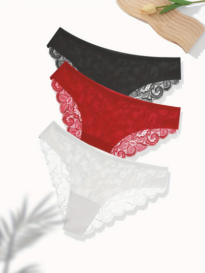 3Pcs Women's Sexy Lace Briefs Seamless Comfortable Panties Low-waist Underwear Ladies Intimate Plus Size Lingerie Exquisite Floral Set Bikini Briefs.