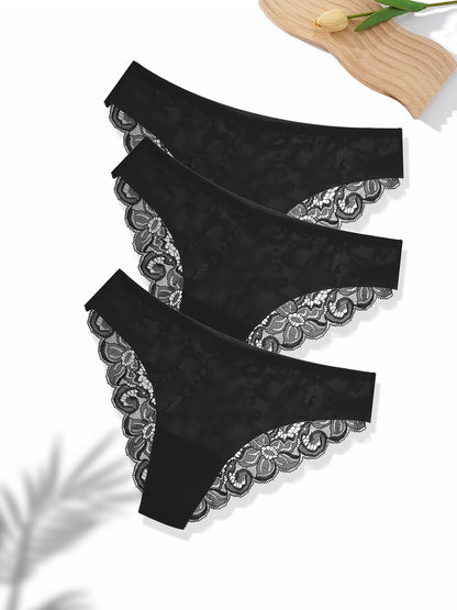 3Pcs Women's Sexy Lace Briefs Seamless Comfortable Panties Low-waist Underwear Ladies Intimate Plus Size Lingerie Exquisite Floral Set Bikini Briefs.