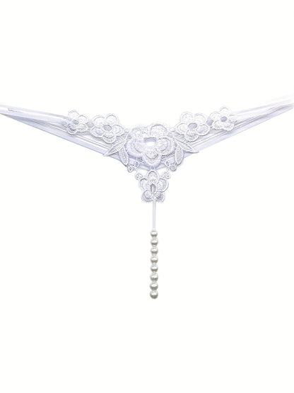Floral Embroidery Thong, Hollow Out Faux Pearl Panties, Women's Sexy Lingerie & Underwear