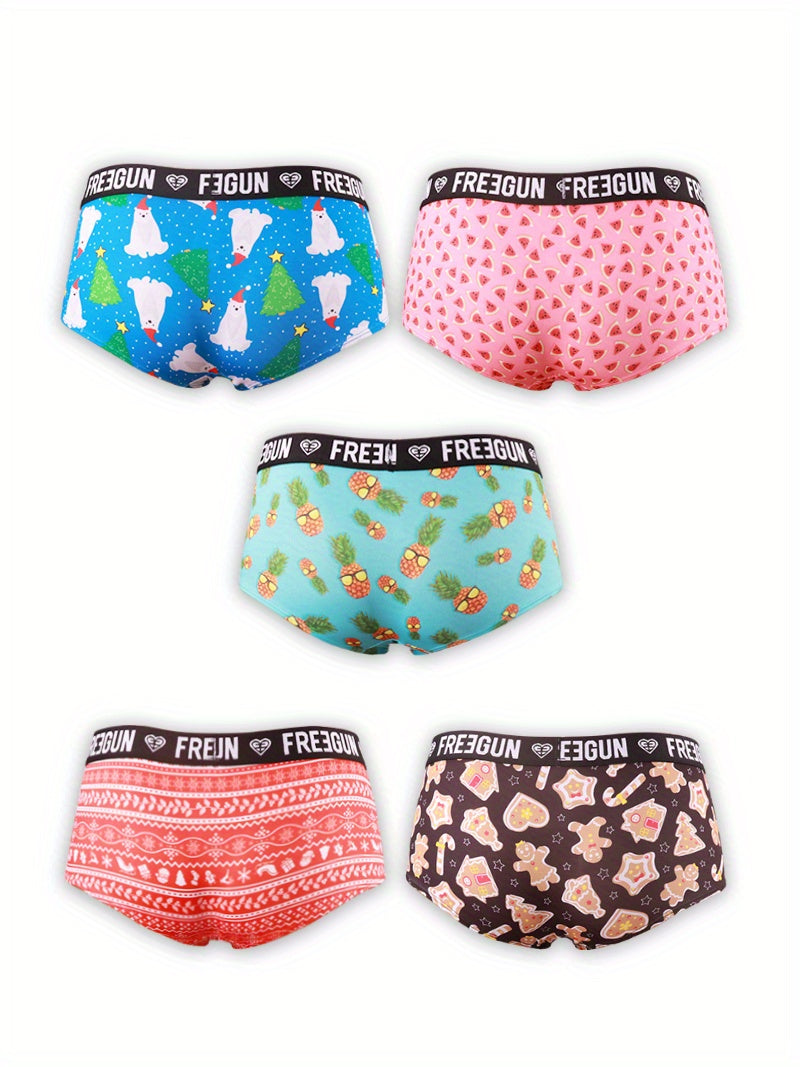 5pcs Soft & Comfortable Cartoon Print Boy Shorts - Women's Lingerie & Underwear with Cute Designs, Breathable Fabric, and Relaxing Fit for Everyday Wear