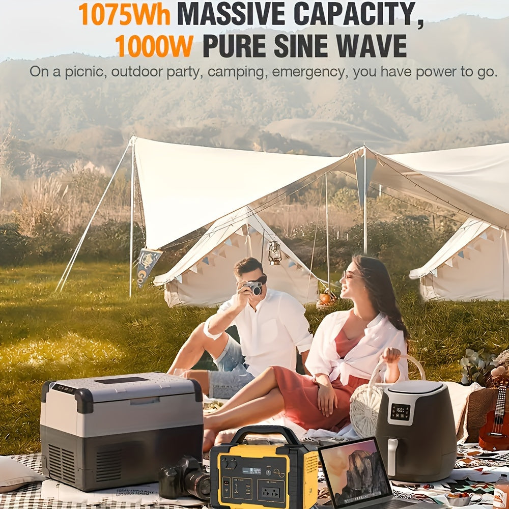 1075Wh Portable Solar Generator, 1000W Power Station with 60W USB-C PD Output, 110V Pure Sine Wave AC Outlet, Lithium Battery for Outdoors Camping Travel Hunting Home