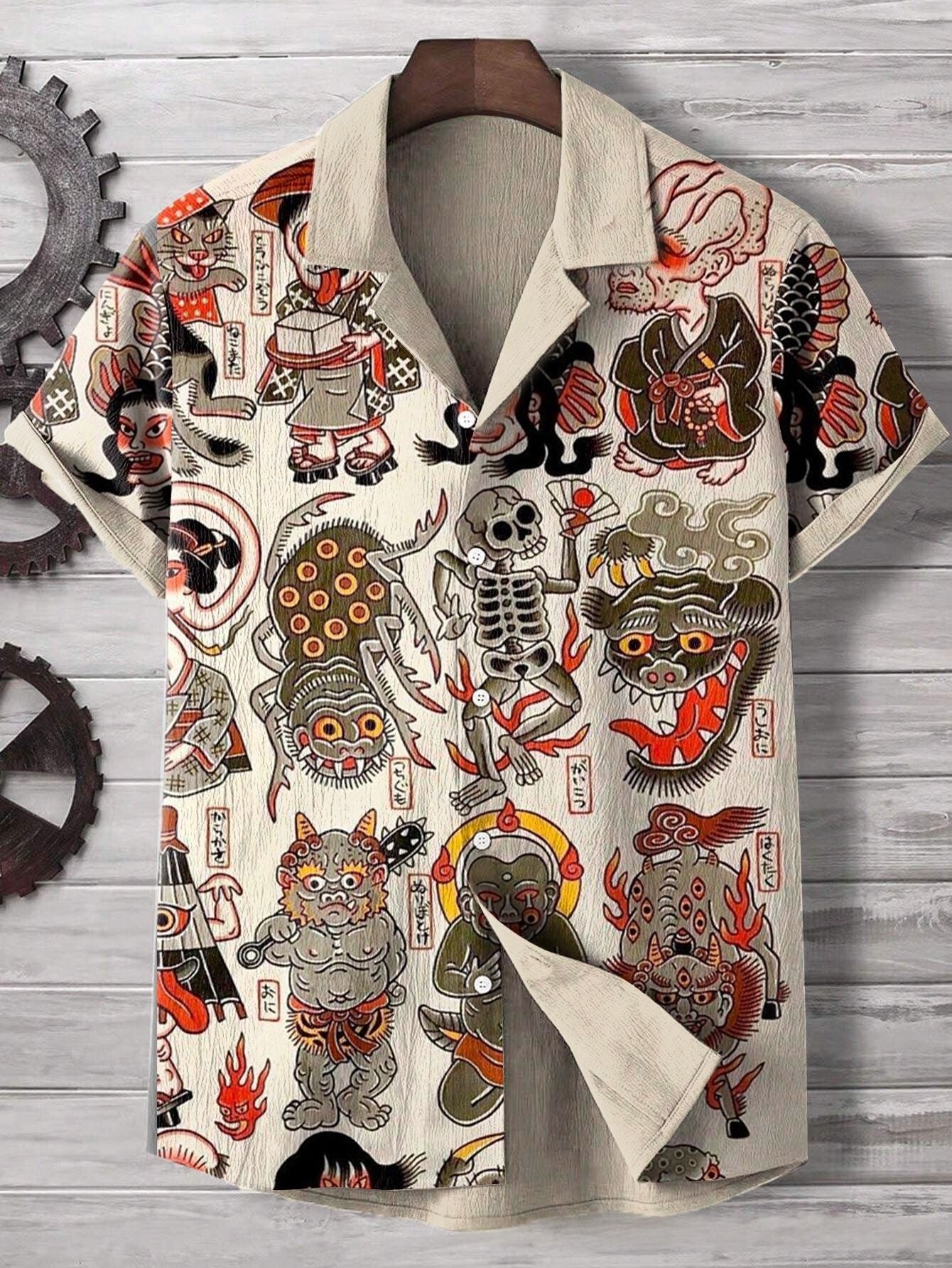 Comfortable Four-Way Stretch Wave-Print Short-Sleeve Cuban-Neck Shirt