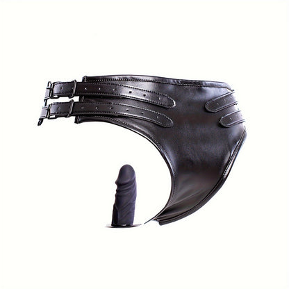 SM Restraint Thick Faux Leather Panties with Silicone Dildo Strap-On, Bondage Dildos for Women and Men, Vaginal Plug, Anal Plug, Thrust Flirt Toy - Hand Washable, Professional Dry Cleanable, Adult Entertainment | Faux Leather