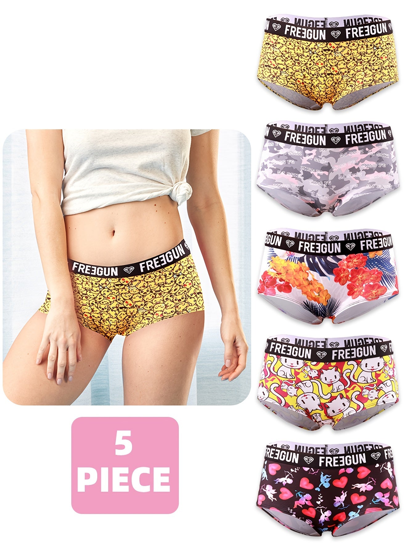 5pcs Soft & Comfortable Cartoon Print Boy Shorts - Women's Lingerie & Underwear with Cute Designs, Breathable Fabric, and Relaxing Fit for Everyday Wear