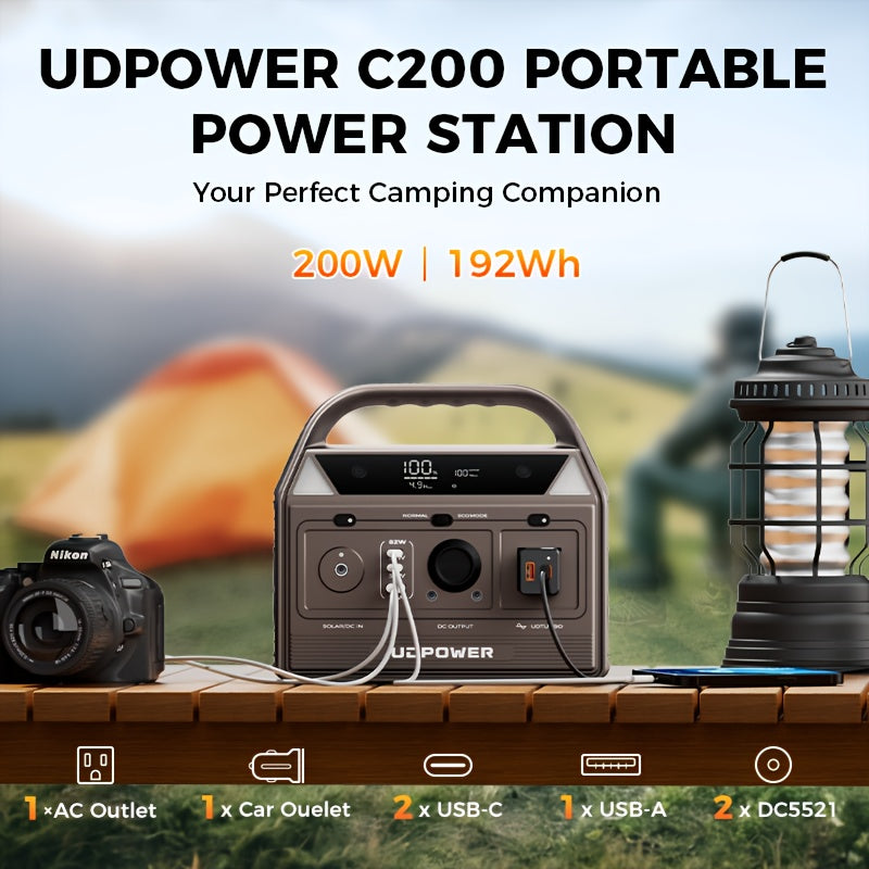 192Wh 200W Portable Power Station Solar Generator (40W Solar Panel Optional), High Capacity LiFePO4 (LFP) Battery Power Bank, with 2x 110V AC Outlets, DC USB-C Ports, LED Light, Powek Bank for Outdoor Camping Hiking Road Trip