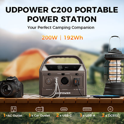 192Wh 200W Portable Power Station Solar Generator (40W Solar Panel Optional), High Capacity LiFePO4 (LFP) Battery Power Bank, with 2x 110V AC Outlets, DC USB-C Ports, LED Light, Powek Bank for Outdoor Camping Hiking Road Trip