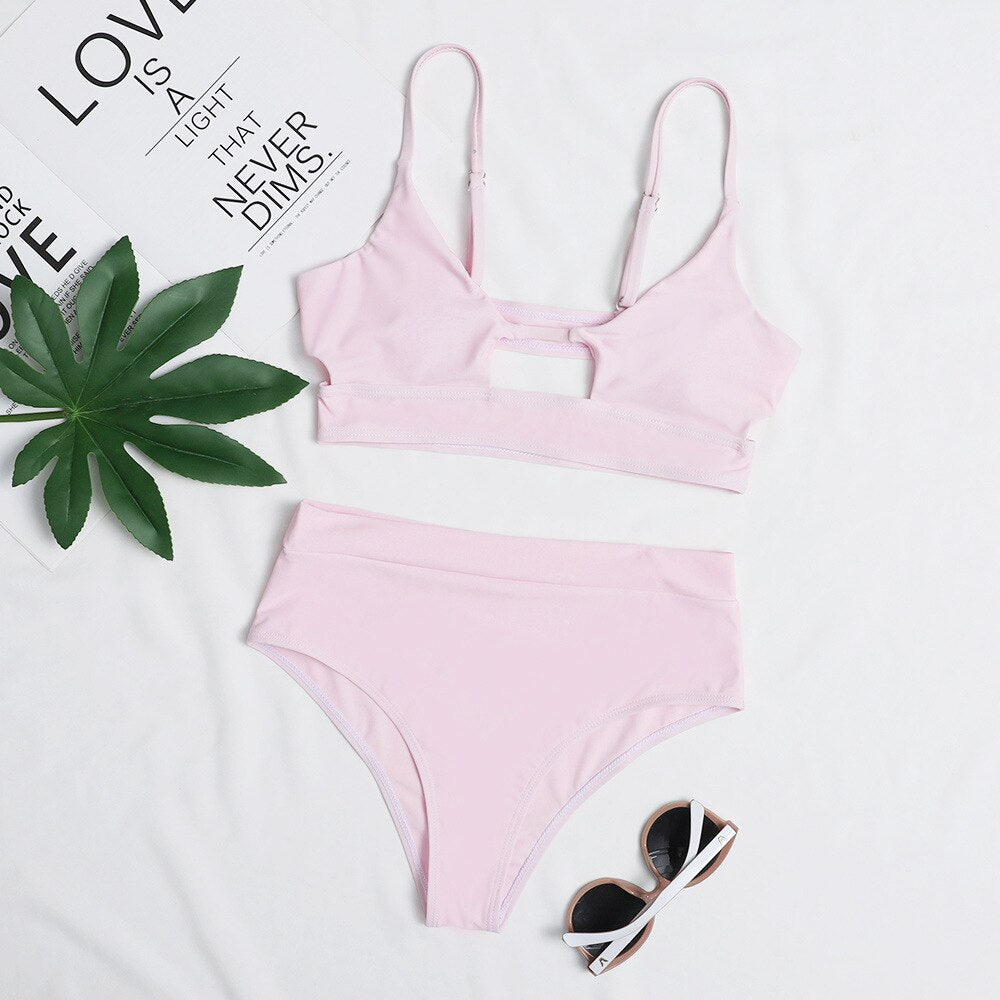 Sexy Bikini Set Cut Out Swimwear Women High Waist Swimwear Bandage Bathing Suits
