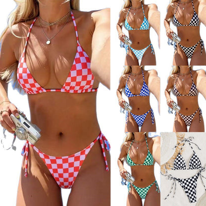 Lace up multi-color checkered split swimsuit women's bikini swimsuit