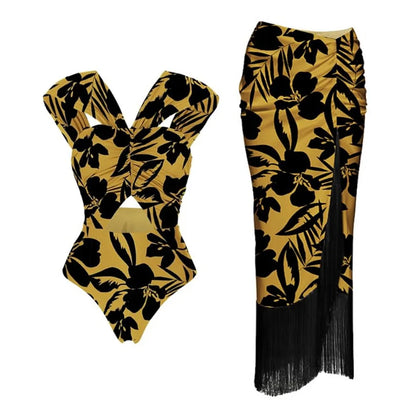 Bikini Bodysuit Swimwear Women With Skirt Bathing Suit Summer New Tassels Splice Beachwear Holiday Bikini Cover Ups Outfits