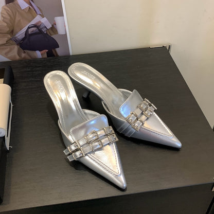 Summer New Brand Women Slipper Fashion Buckle Poined Toe Slip On Mules Shoes Thin High Heel Dress Sandal Shoes