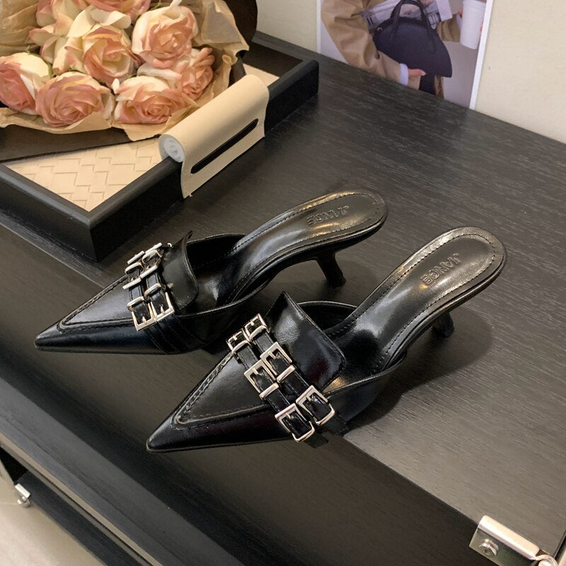 Summer New Brand Women Slipper Fashion Buckle Poined Toe Slip On Mules Shoes Thin High Heel Dress Sandal Shoes