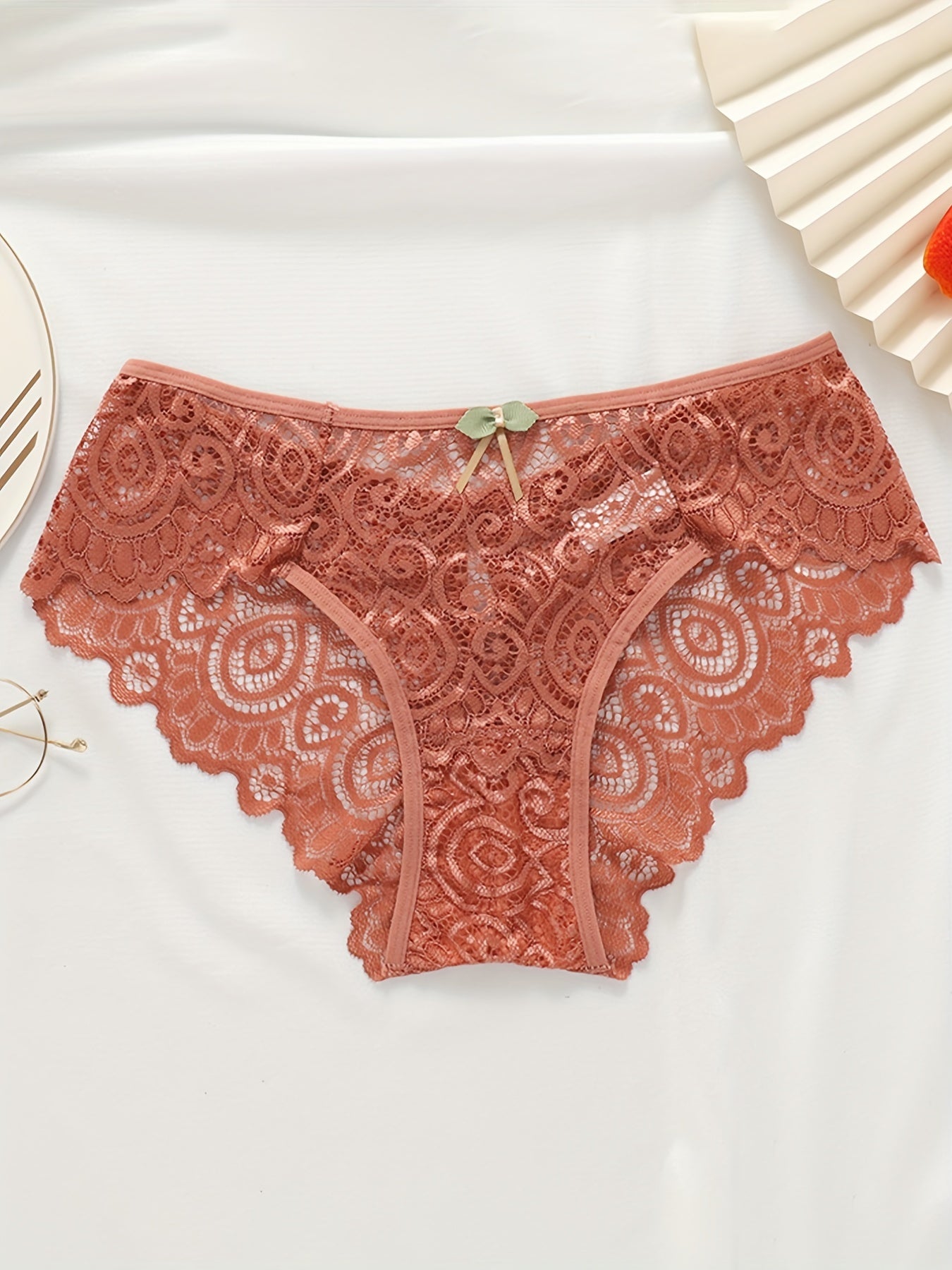 5pcs Floral Lace Bow Tie Briefs, Sexy Cut Out Scallop Trim Panties, Women's Lingerie & Underwear