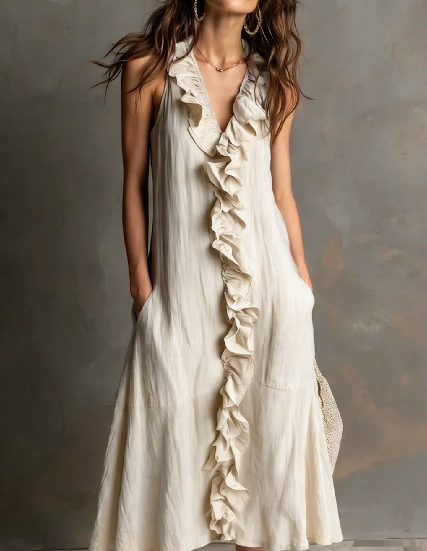 Solid-color Sleeveless Cotton-Linen V-Neck Maxi Dress With Ruffled Hem