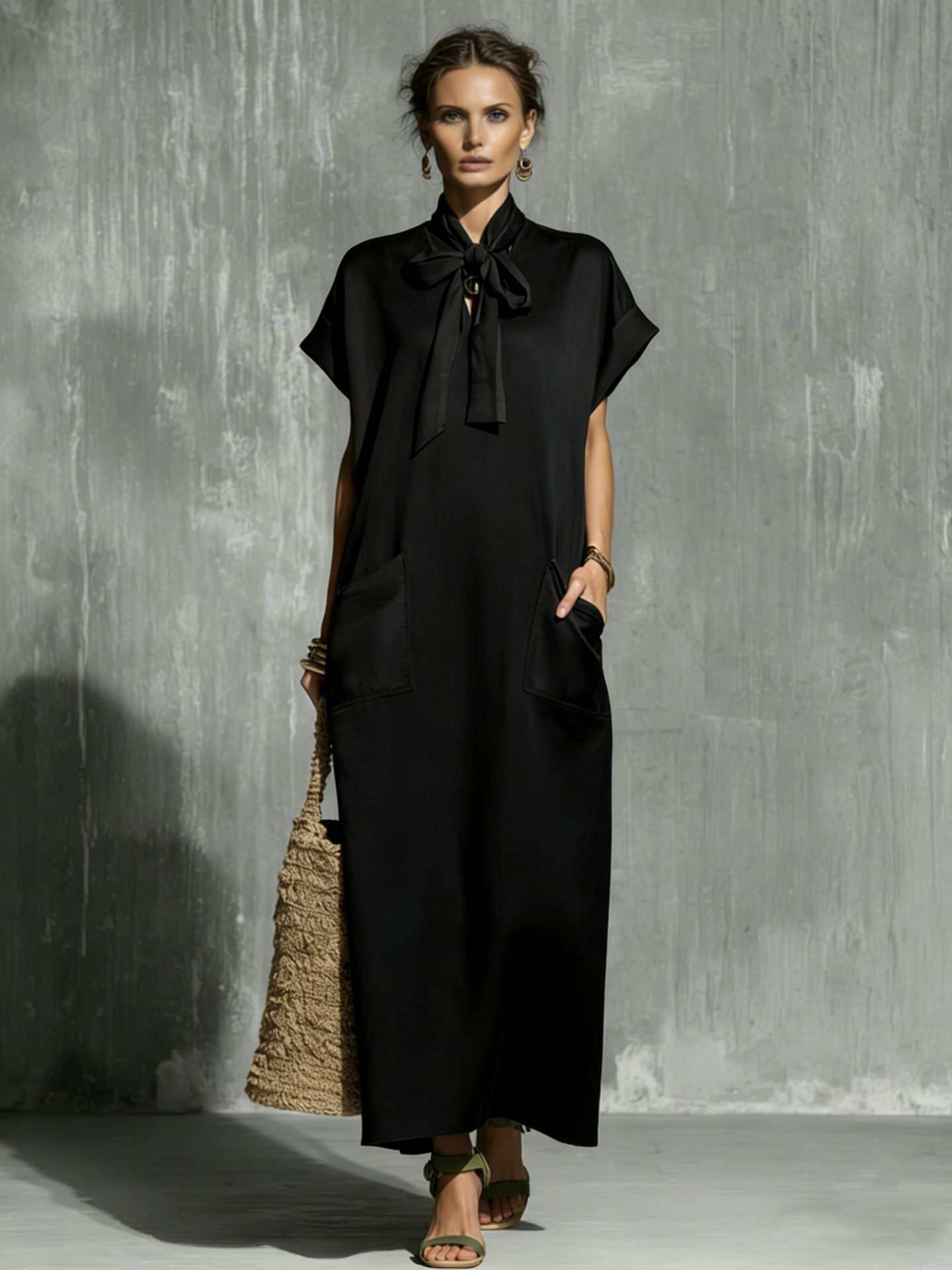 Military-green Cotton-linen Blend Tie-waist Short-sleeve Maxi Dress