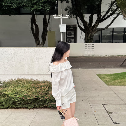 White Bud-collared Off-shoulder Blouse Top