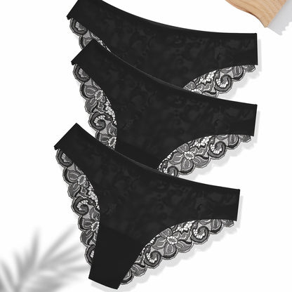3Pcs Women's Sexy Lace Briefs Seamless Comfortable Panties Low-waist Underwear Ladies Intimate Plus Size Lingerie Exquisite Floral Set Bikini Briefs.