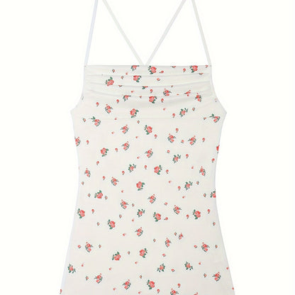 Sultry Floral Print Slip Dress, Criss Cross Back Sleeveless Babydoll, Women's Sexy Lingerie & Underwear