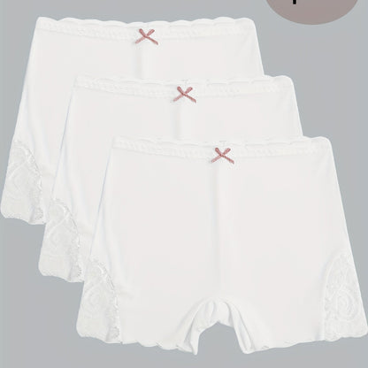3pcs Contrast Lace Boyshort Panties, Seamless Scallop Trim Bow Tie Panties, Women's Lingerie & Underwear