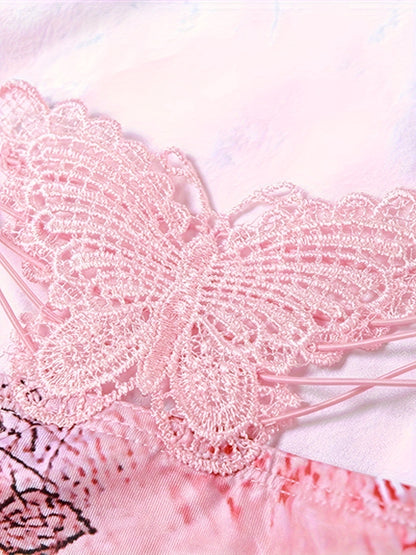 Vibrant Floral Print Mesh Babydoll Dress - Flowy Slip Style with Breathable Fabric, Delicate Butterfly Pattern, Backless Design, and Sultry Appeal - Exclusively for Women, Lingerie and Underwear Collection, Perfect for Everyd