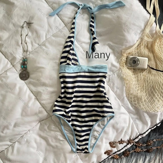 Striped Triangle Cup Bra Set Simple and Versatile with Padded Fixed Cup Backless Underwear for Women