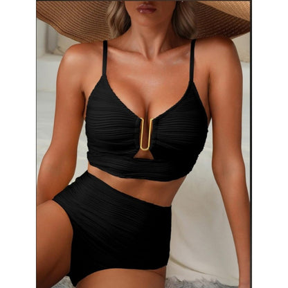 Split bikini metal buckle solid color gathered high waisted swimsuit
