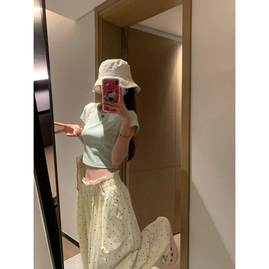 Hollow-out Bow-Knot Short-Sleeve Slim-Fit Midriff-Baring Top