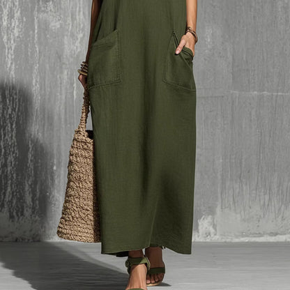 Military-green Cotton-linen Blend Tie-waist Short-sleeve Maxi Dress