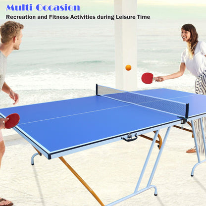 9ft Mid-Size Table Tennis Table Foldable & Portable Ping Pong Table Set For Indoor Games With Net, 2 Table Tennis Paddles And 3 Balls