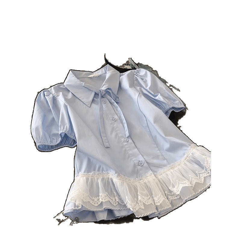 Light Luxury Youth-Enhancing Blue Lace Hem Short-Sleeve Shirt