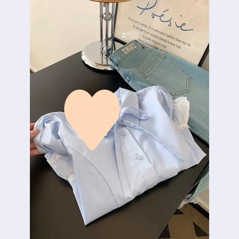 Light Luxury Youth-Enhancing Blue Lace Hem Short-Sleeve Shirt