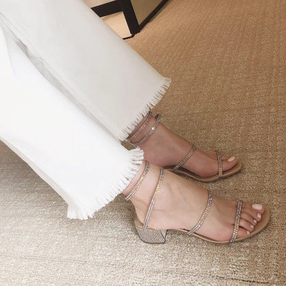 Summer Crystal Gladiator Sandals Women Open Toe Square Heels Sandals Women Fashion Party Dress Snake Strap Shoes