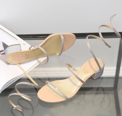 Summer Crystal Gladiator Sandals Women Open Toe Square Heels Sandals Women Fashion Party Dress Snake Strap Shoes