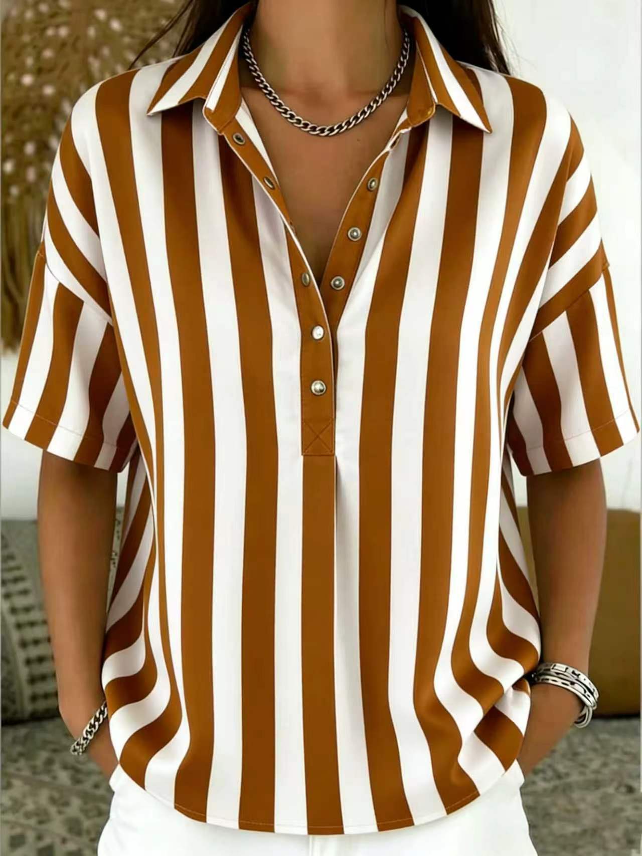 Women's Fashion Casual Striped Short-Sleeve Shirt With Lapel Collar