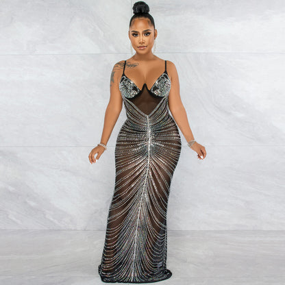 Fashion Sexy Beaded Strapless Sheer Mesh Long Dress